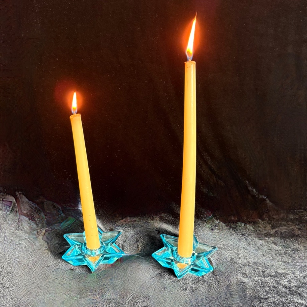 2 Blue Star of David Candleholders Vintage MCM Bohemian Glass Original Box - Picture 6 of 10